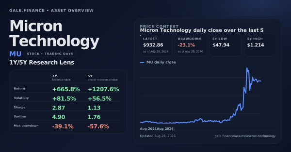 Micron Technology (MU) asset overview snapshot. Return +665.8%, Volatility +81.5%, and 5Y price context. Data from www.gale.finance.