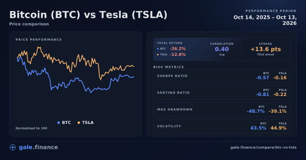 Bitcoin vs Tesla price performance comparison chart 2026 - returns, volatility, and risk metrics