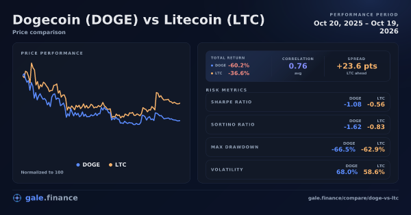 Gráfico de comparación de Dogecoin vs Litecoin 2026 - retornos, volatilidad y métricas de riesgo